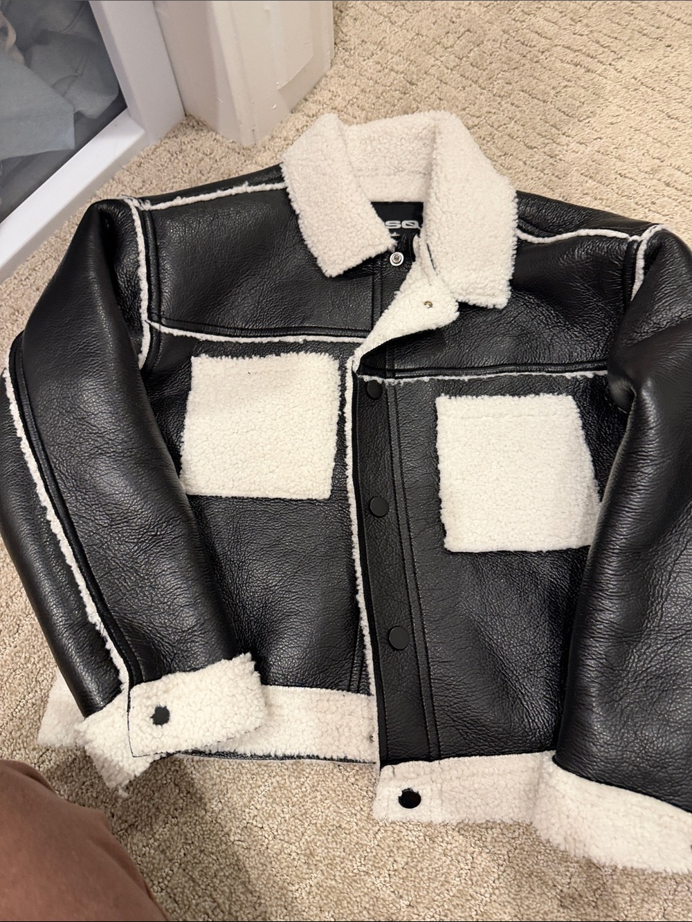 RSQ Black Faux Leather Bomber Jacket with White Sherpa Trim